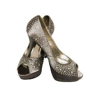 De Blossom collection Silver Satin platform with an open toe and embellished